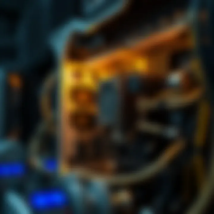 A detailed view of a cryptocurrency mining rig showcasing advanced technology and components.