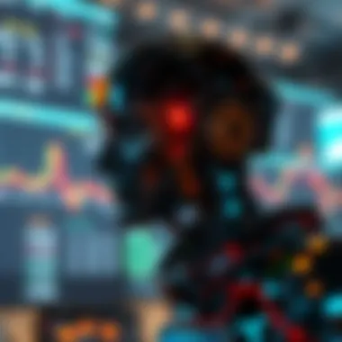 A futuristic depiction of financial markets influenced by blockchain and AI technologies.