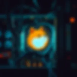 An artistic representation of the Dogecoin logo surrounded by digital mining equipment.