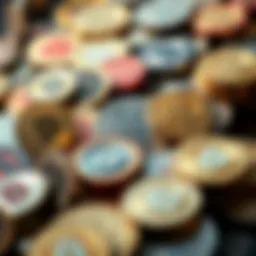 An intricate illustration of cryptocurrency coins representing various digital currencies.