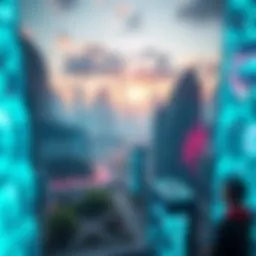 A futuristic digital landscape representing the metaverse